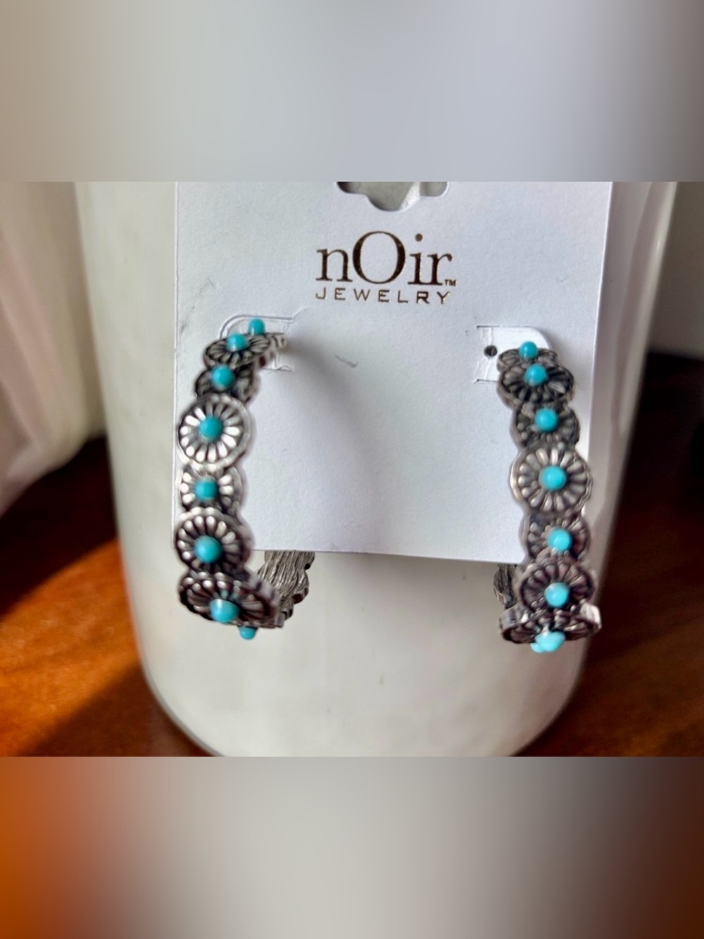 nOir Jewelry 3/4 hoop post drop,silver tone conchos,turquoise faux stones,trendy